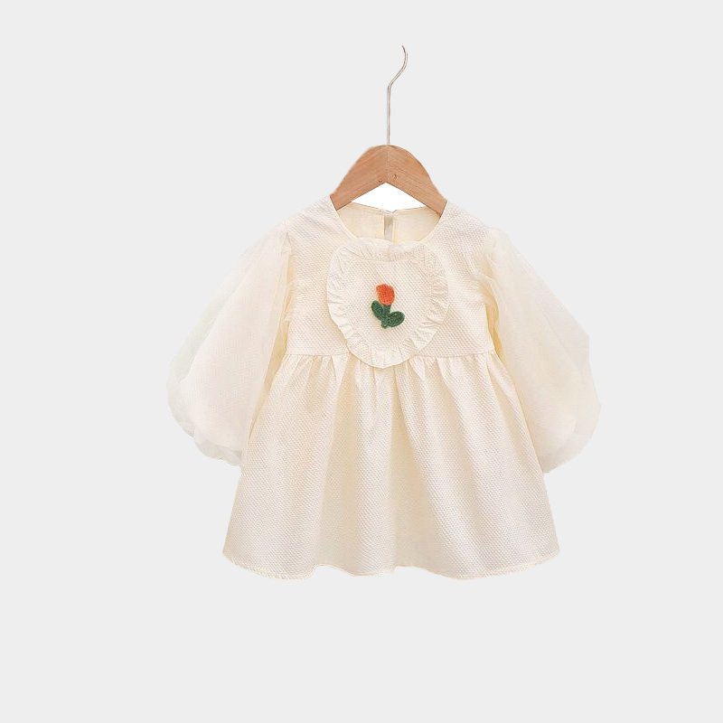 Girl's Korean Style Long Sleeve Round Neck Frilled Detailing Embellished Frock - Image 7