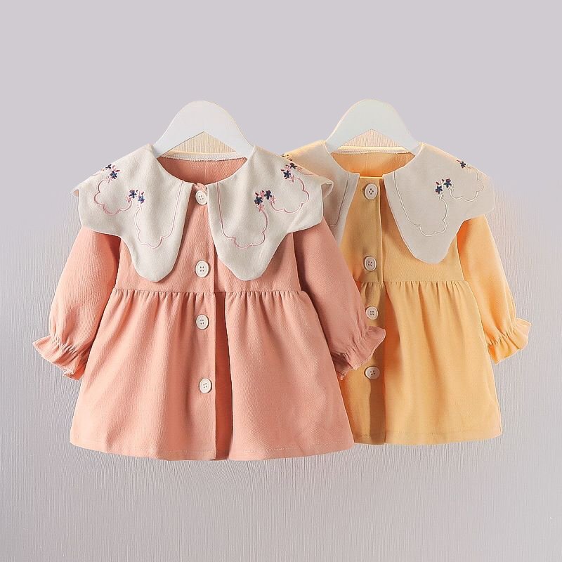 Girl's Korean Style Frill Cuff Long Sleeve Round Neck Frock