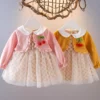 Girl's Korean Style Frill Cuff Long Sleeve Round Collar Neck Embellished Frock