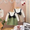 Girl's Korean Style Long Sleeve Round Neck Bow Print Plaid Frock