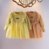 Girl's Korean Style Long Sleeve Round Neck Frilled Detailing Embellished Frock