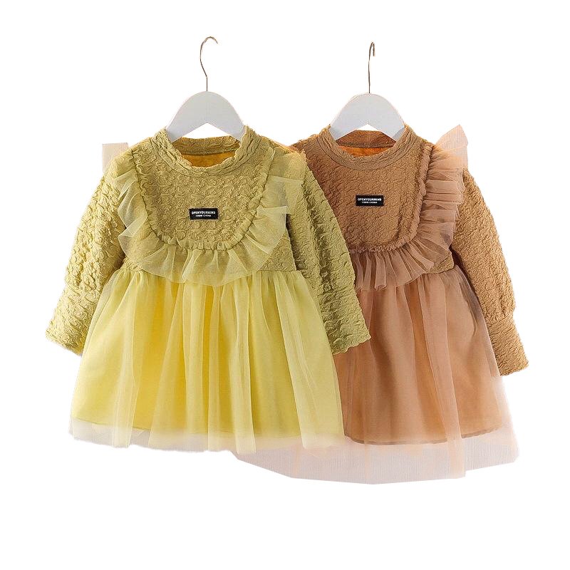 Girl's Korean Style Long Sleeve Round Neck Frilled Detailing Embellished Frock - Image 4