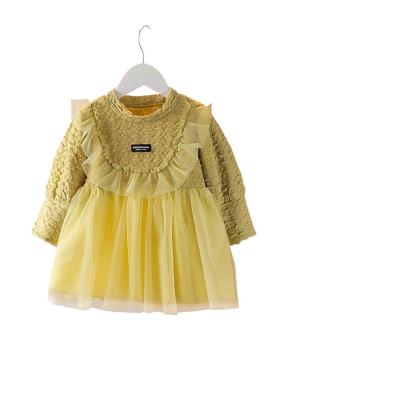 Girl's Korean Style Long Sleeve Round Neck Frilled Detailing Embellished Frock - Image 5