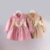 Girl's Korean Style Frill Cuff Long Sleeve Collar Neck Bow Attached Frock