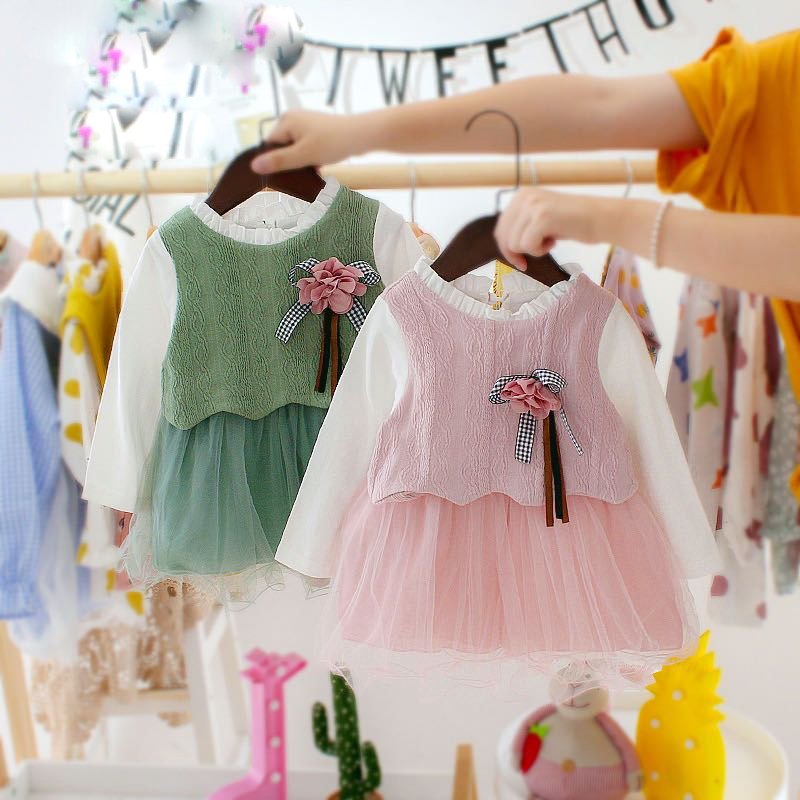 Girl's Korean Style Long Sleeve Round Frill Neck Embellished Frock