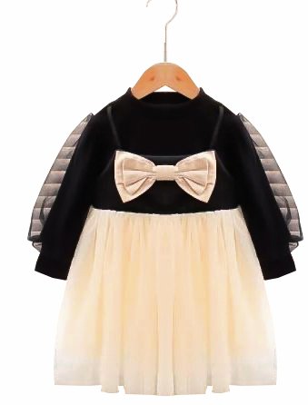 Girl's Korean Style Long Sleeve Round Neck Bow Attached Embellished Plaid Frock - Image 11