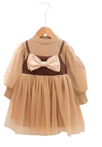 Girl's Korean Style Long Sleeve Round Neck Bow Attached Embellished Plaid Frock - Image 12