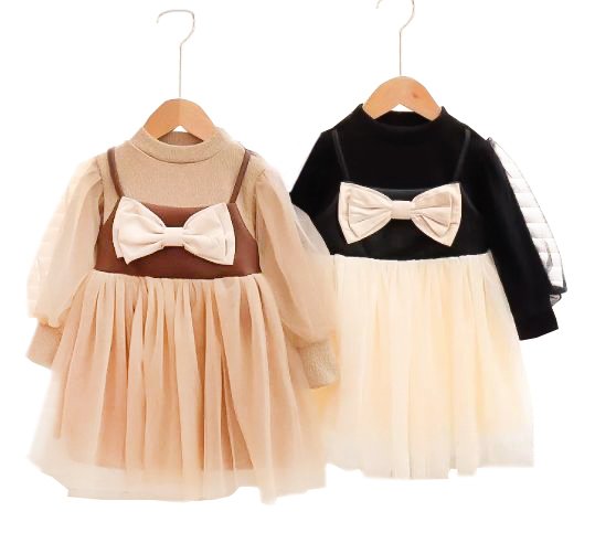 Girl's Korean Style Long Sleeve Round Neck Bow Attached Embellished Plaid Frock - Image 13