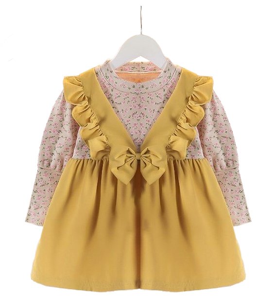 Girl's Korean Style Long Sleeve Round Neck Floral Print Frilled Detailing Bow Attached Frock - Image 23