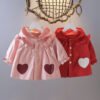 Girl's Korean Style Frill Cuff Long Sleeve Round Collar Neck With Frill Detailing Heart Print Frock