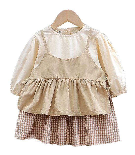 Girl's Korean Style Frill Cuff Long Sleeve Round Neck Checked Print Plaid Frock - Image 18