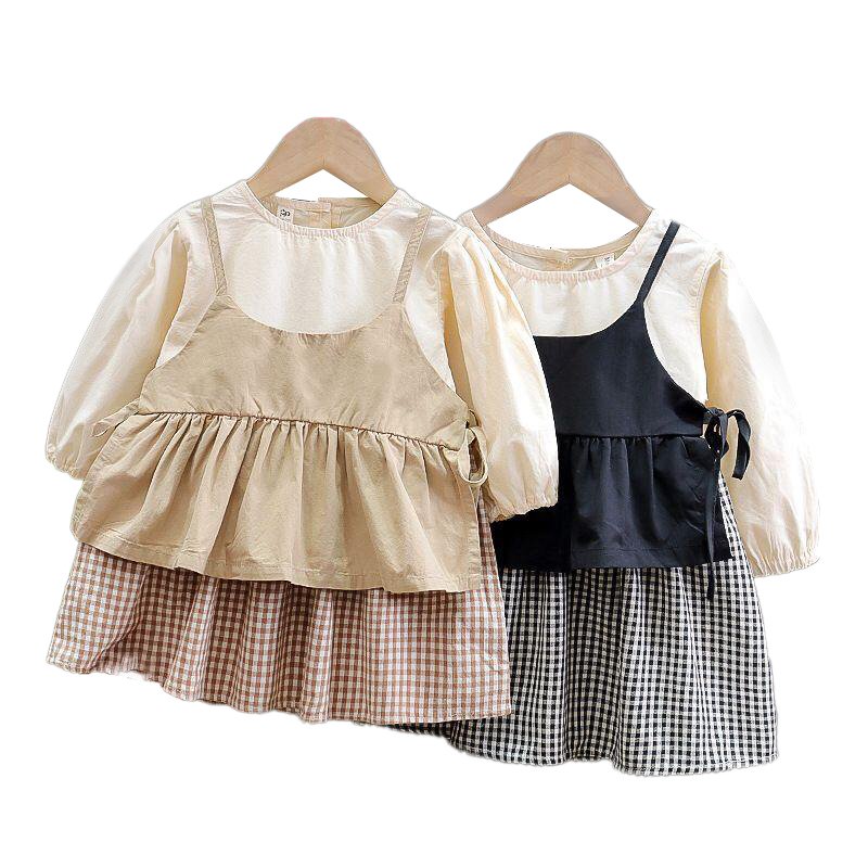 Girl's Korean Style Frill Cuff Long Sleeve Round Neck Checked Print Plaid Frock - Image 19