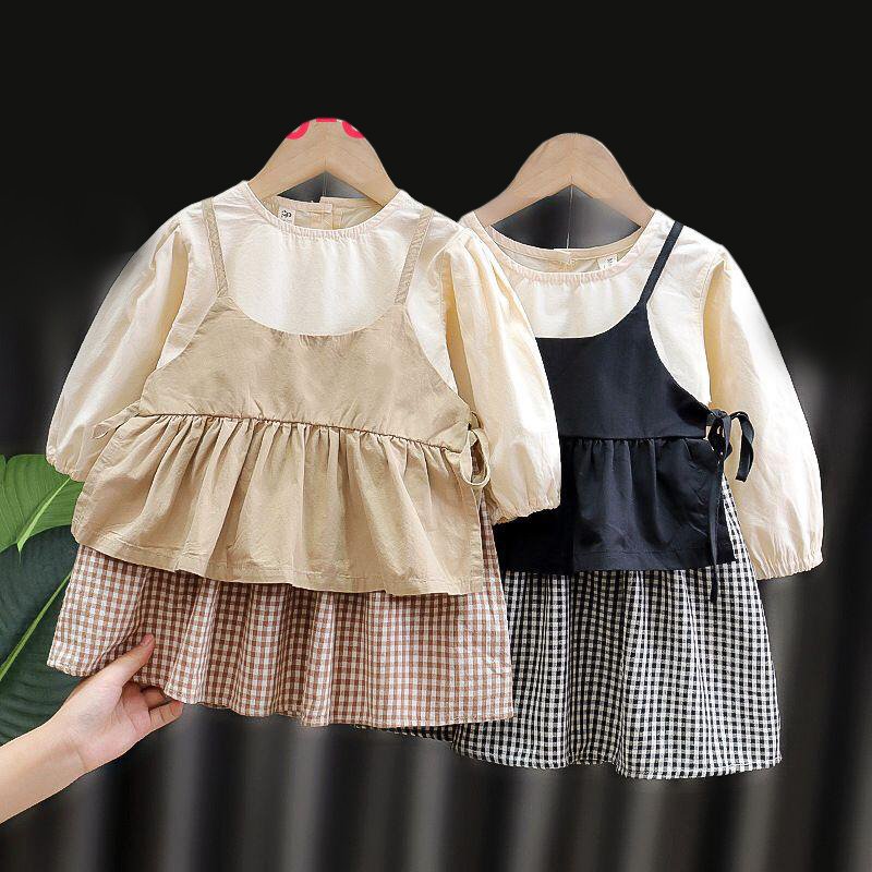 Girl's Korean Style Frill Cuff Long Sleeve Round Neck Checked Print Plaid Frock