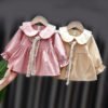 Girl's Korean Style Frill Cuff Long Sleeve Collar Neck with Tie Frock