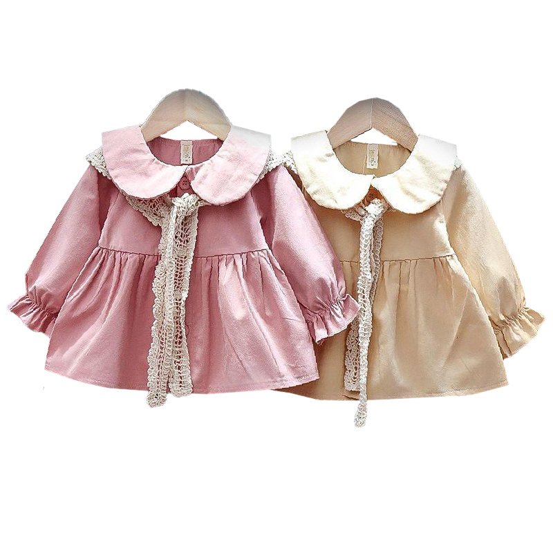 Girl's Korean Style Frill Cuff Long Sleeve Collar Neck with Tie Frock - Image 5