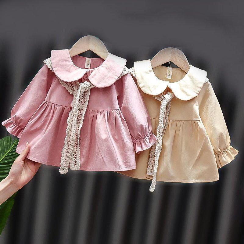 Girl's Korean Style Frill Cuff Long Sleeve Collar Neck with Tie Frock