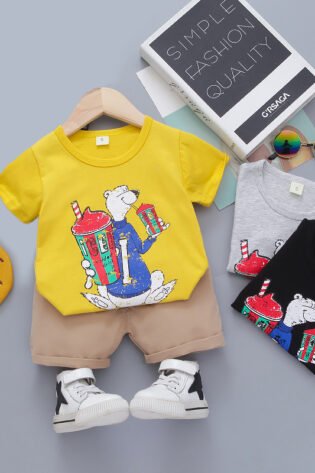 Round Neck Half Sleeve Set Cool Bear Print