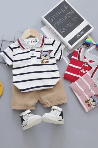 Polo Neck Half Sleeve Set Bear Print