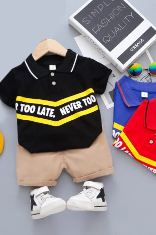Polo Neck Half Sleeve Shorts Set Text Print