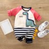 Boy’s & Girl’s Dinosaur Patched Full Sleeves Romper - White And Pink