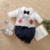 Cotton Full Sleeves Party Romper With Diamond Print Attached Waistcoat & Bow