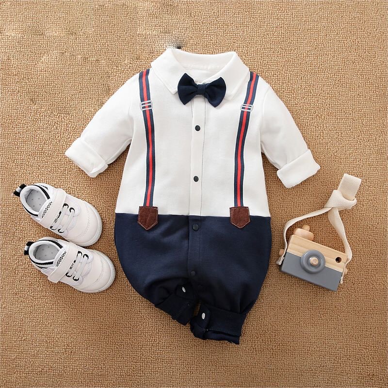 Full Sleeves Suspender Print Party Romper With Bow Tie Solid