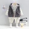 Boy's Korean Style Full Sleeve Casual Party Outfit 3 Piece Set - White Checked Shirt And Joggers Pant With Grey Waistcoat