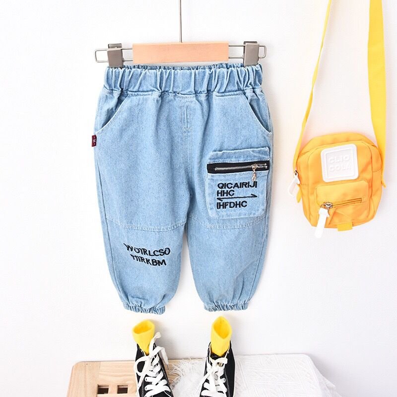 Boy's / Girl's Cotton Elastane Full Length Washed Denim Jeans With Text Print