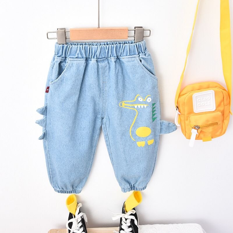 Boy's / Girl's Cotton Elastane Full Length Washed Denim Jeans With Dino Print