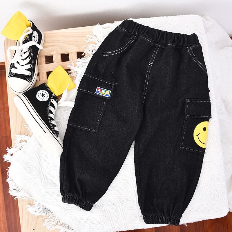 Boy's / Girl's Cotton Elastane Full Length Washed Denim Jeans With Smiley Print - Image 2