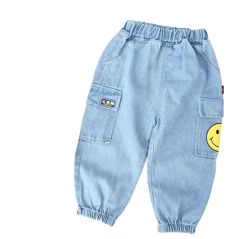 Boy's / Girl's Cotton Elastane Full Length Washed Denim Jeans With Smiley Print - Image 4