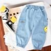 Boy's / Girl's Cotton Elastane Full Length Washed Denim Jeans With Smiley Print