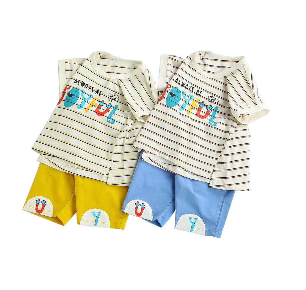 Short Sleeves T-shirt And Bottom Set Joyful Print - Strip - Image 3