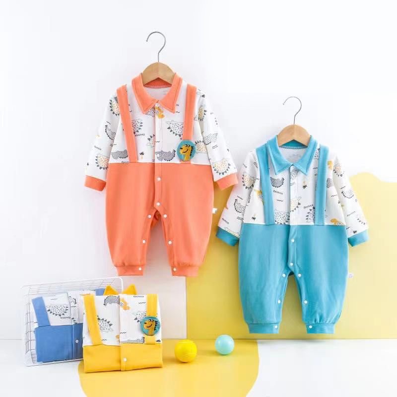 Boy's & Girl's Full Sleeves Suspender Detail Dino Print Romper