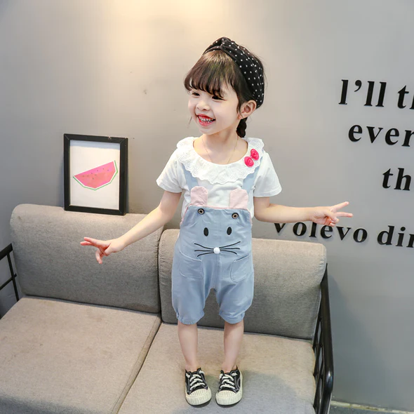 Girl’s Cotton Half Sleeves Round Neck Bow Attached Tee And Dungaree Set Cat Print - Image 6