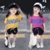 Girl's Half Sleeve Round Neck T-Shirt And Drawstring Elasticated Shorts Set Text Print