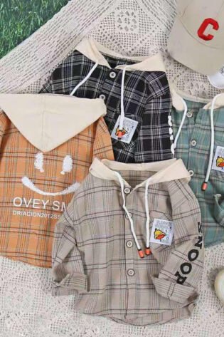 Boy's Korean Style Full Sleeves Checked Hoodie Shirt