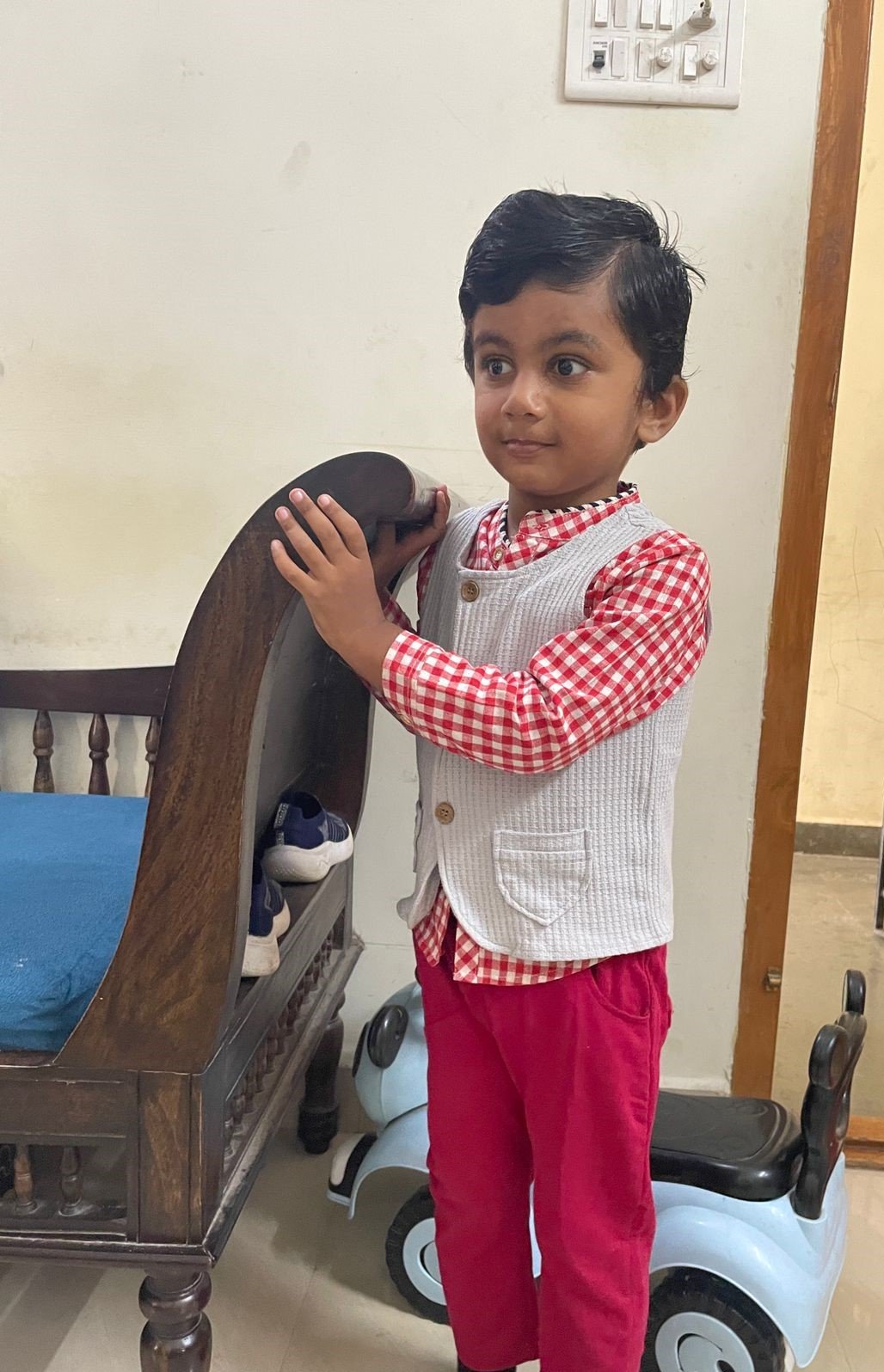 Boy's Korean Style Full Sleeve Casual Party Outfit Checked 3 Piece Set - Image 2