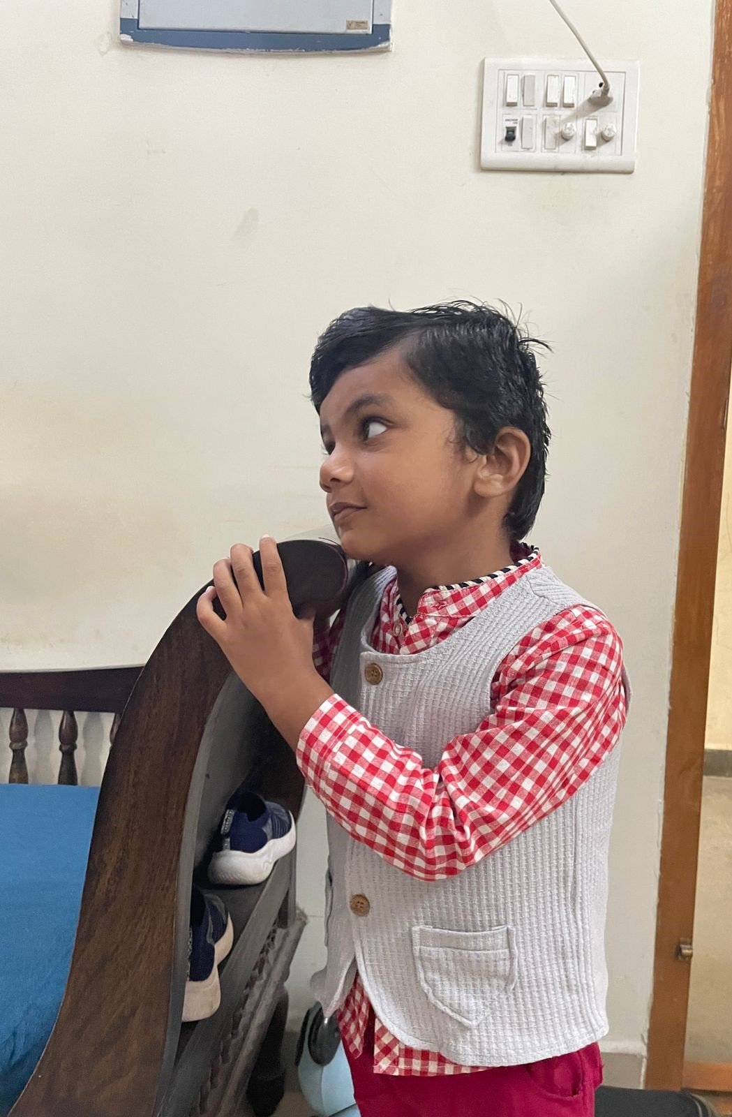 Boy's Korean Style Full Sleeve Casual Party Outfit Checked 3 Piece Set - Image 6