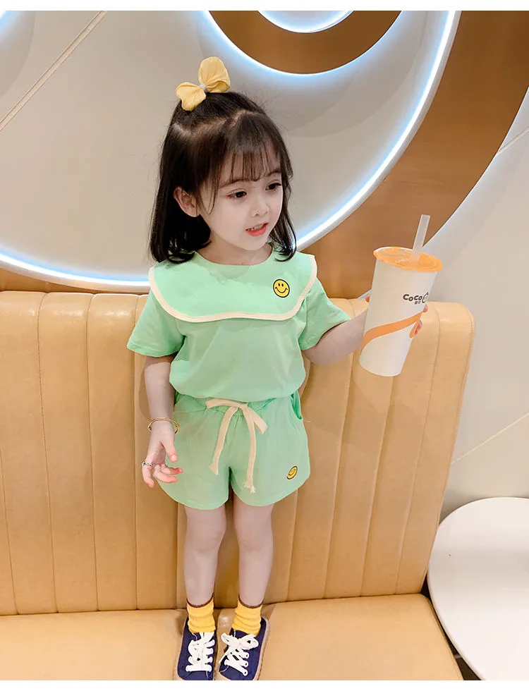 Girl's Half Sleeve Round Neck T-Shirt And Drawstring Elasticated Shorts Set Smiley Print - Image 11