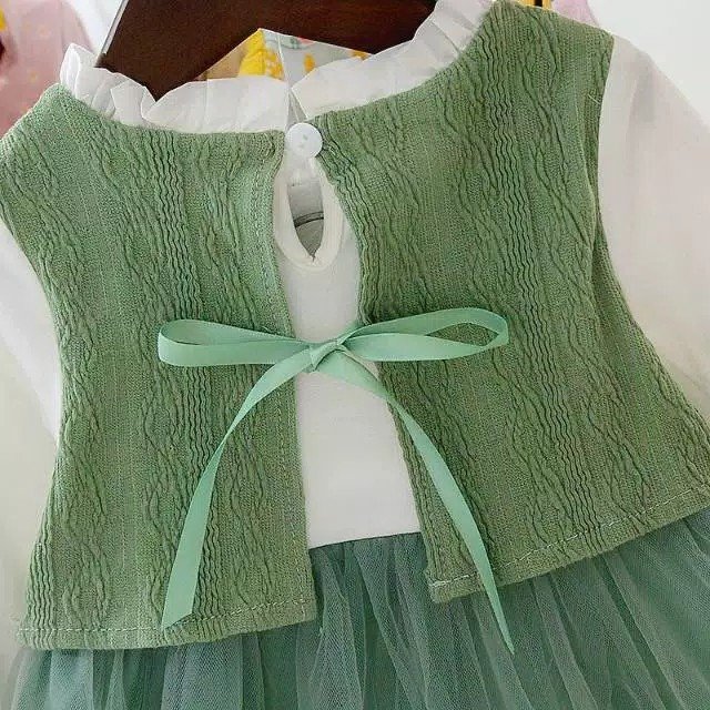 Girl's Korean Style Long Sleeve Round Frill Neck Embellished Frock - Image 22