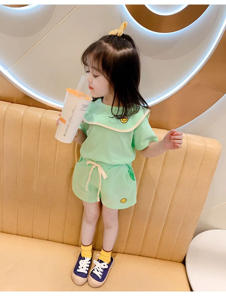Girl's Half Sleeve Round Neck T-Shirt And Drawstring Elasticated Shorts Set Smiley Print - Image 12