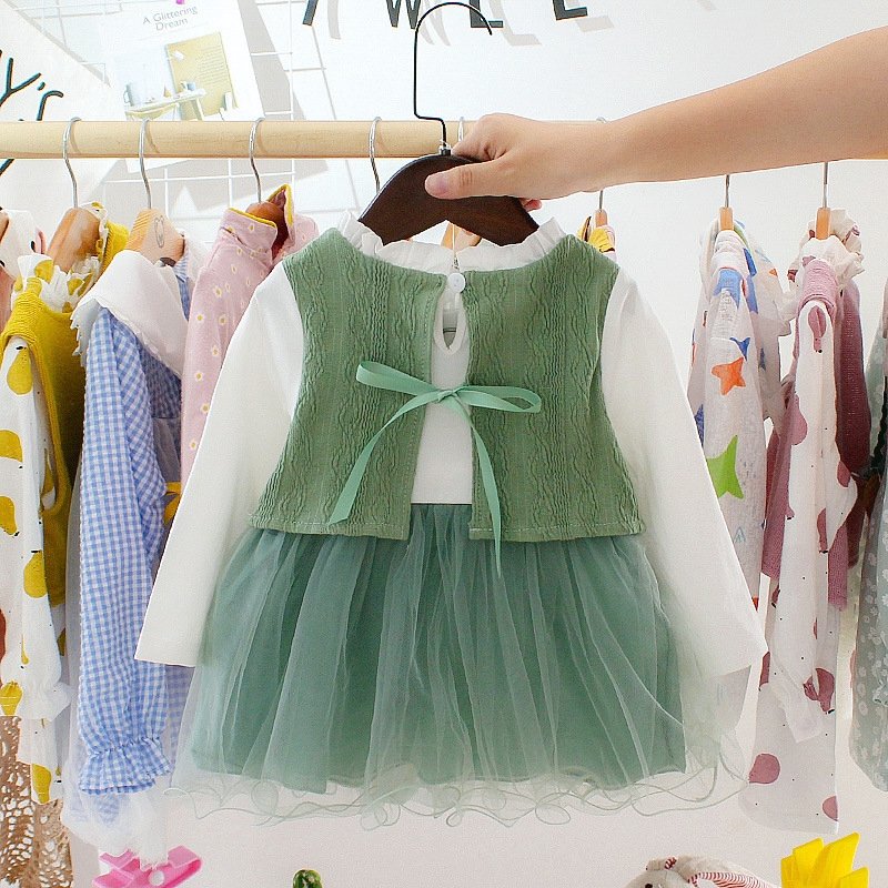 Girl's Korean Style Long Sleeve Round Frill Neck Embellished Frock - Image 24