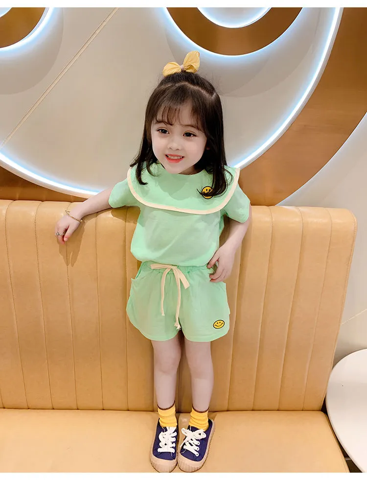 Girl's Half Sleeve Round Neck T-Shirt And Drawstring Elasticated Shorts Set Smiley Print - Image 13