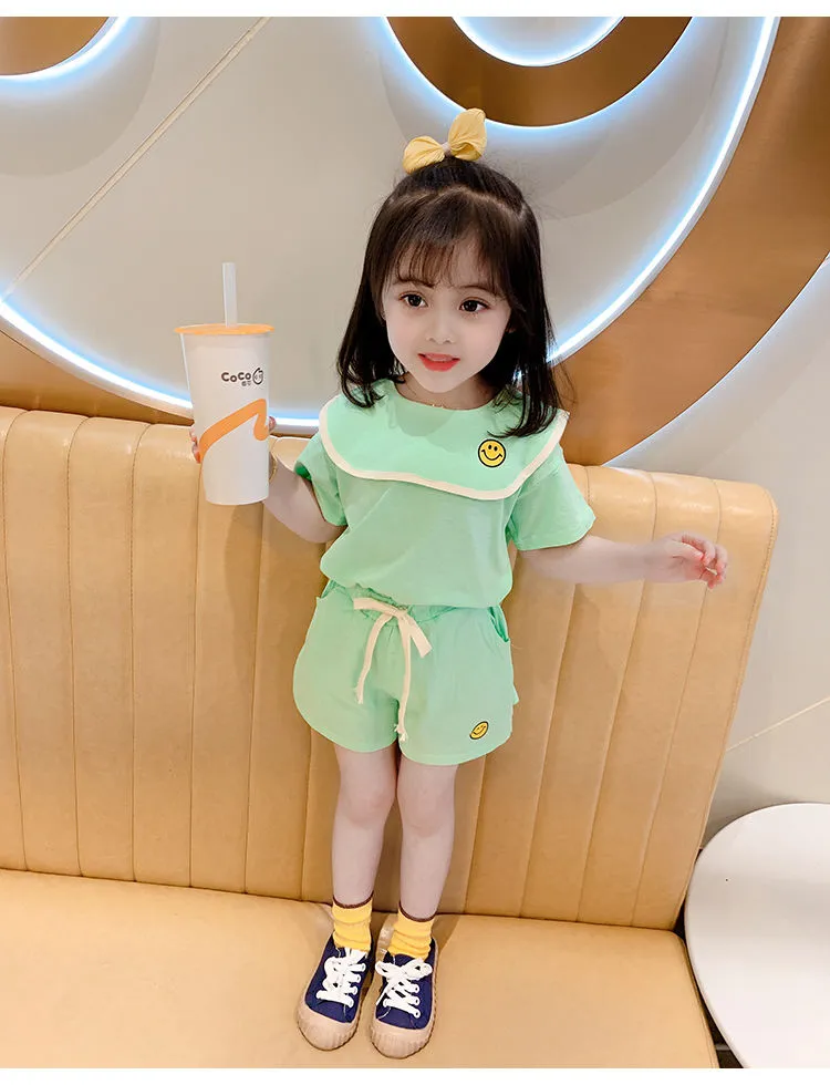 Girl's Half Sleeve Round Neck T-Shirt And Drawstring Elasticated Shorts Set Smiley Print - Image 14