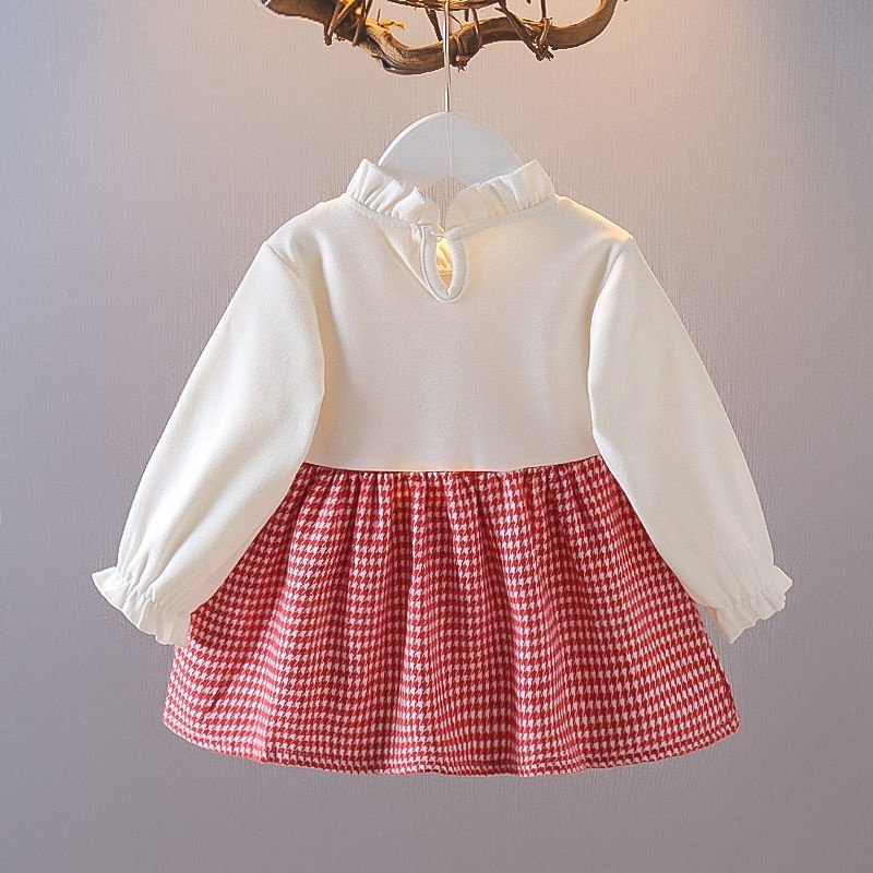 Girl's Korean Style Frill Cuff Long Sleeve Round Neck Checked Print Plaid Frock - Image 10