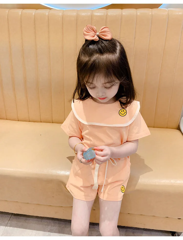 Girl's Half Sleeve Round Neck T-Shirt And Drawstring Elasticated Shorts Set Smiley Print - Image 15