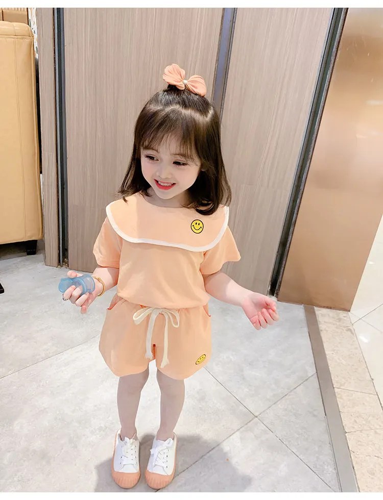 Girl's Half Sleeve Round Neck T-Shirt And Drawstring Elasticated Shorts Set Smiley Print - Image 16