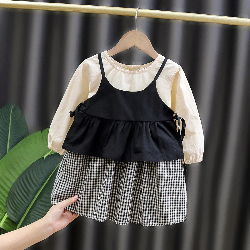 Girl's Korean Style Frill Cuff Long Sleeve Round Neck Checked Print Plaid Frock - Image 12