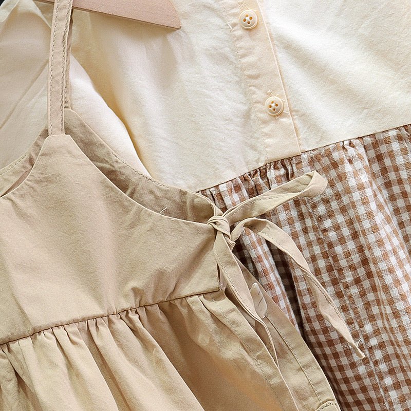 Girl's Korean Style Frill Cuff Long Sleeve Round Neck Checked Print Plaid Frock - Image 14